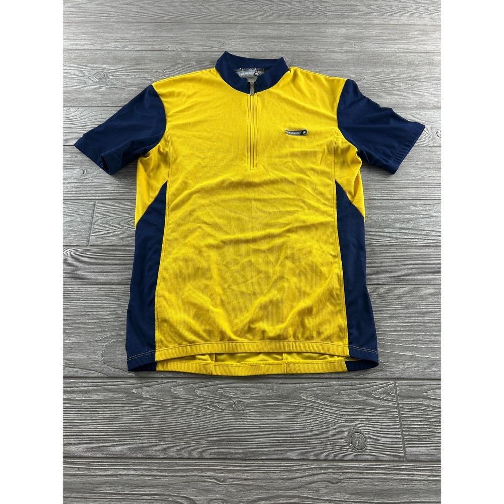 Sugoi Mens Cycling Jersey Size Medium Navy Blue Yellow Short Sleeve Pockets